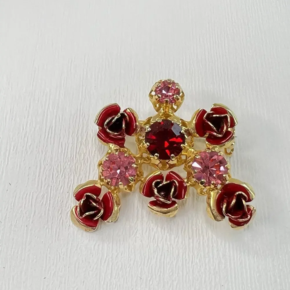 Vintage Austria Crystals Shades Of Red Pink Pin Brooch Floral Enamel Signed